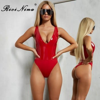  Sexy Bodysuit Women V Neck Sleeveless PU Bodycon Rompers Womens Jumpsuit Summer Autumn Body Suit Beige Black Red